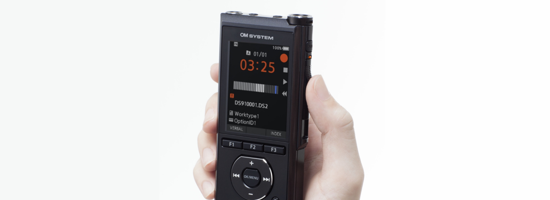 Das OM System DS-9100 ist mit einem intelligenten Mikfofonsystem ausgestattet.